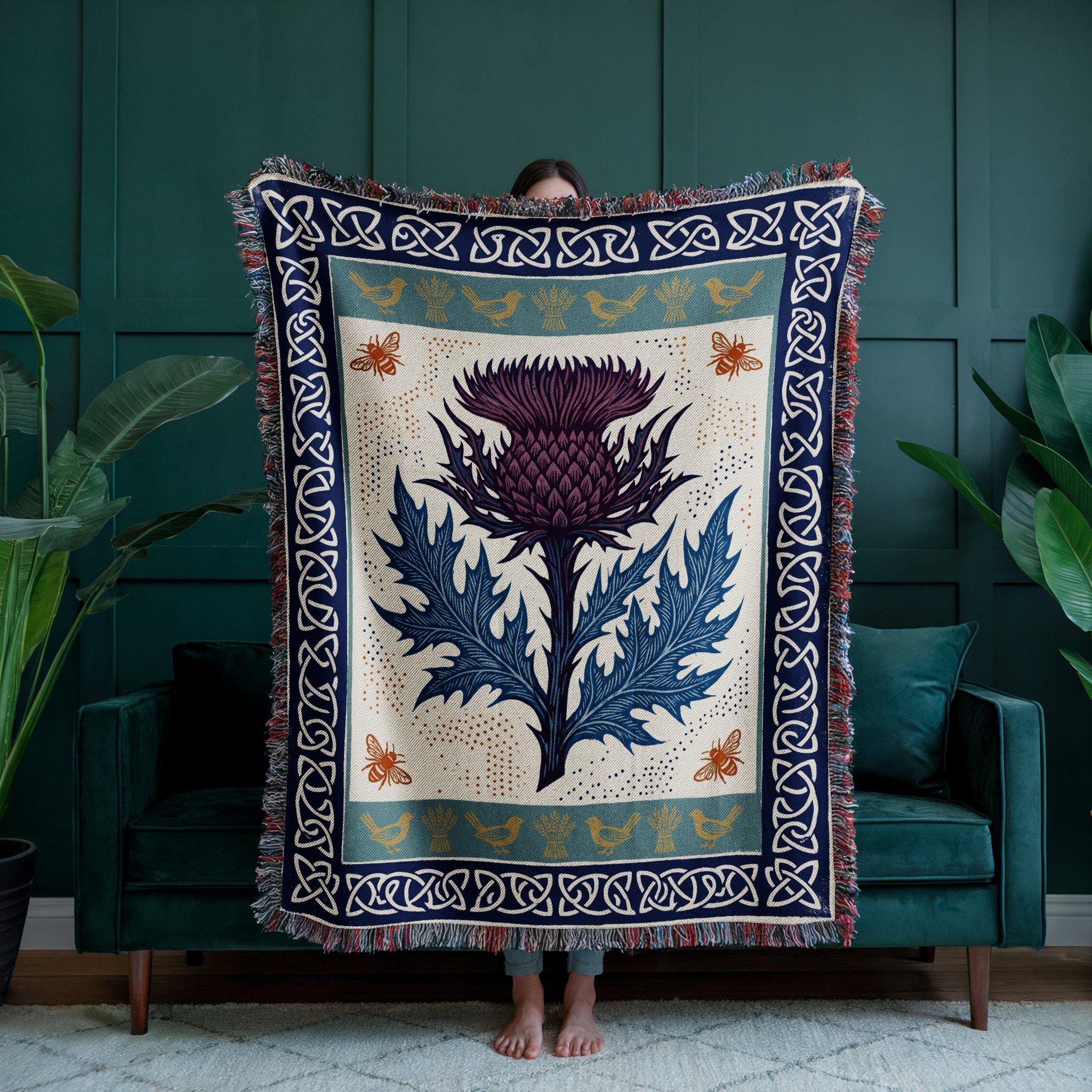 Purple Thistle Folk Art Woven Throw Blanket