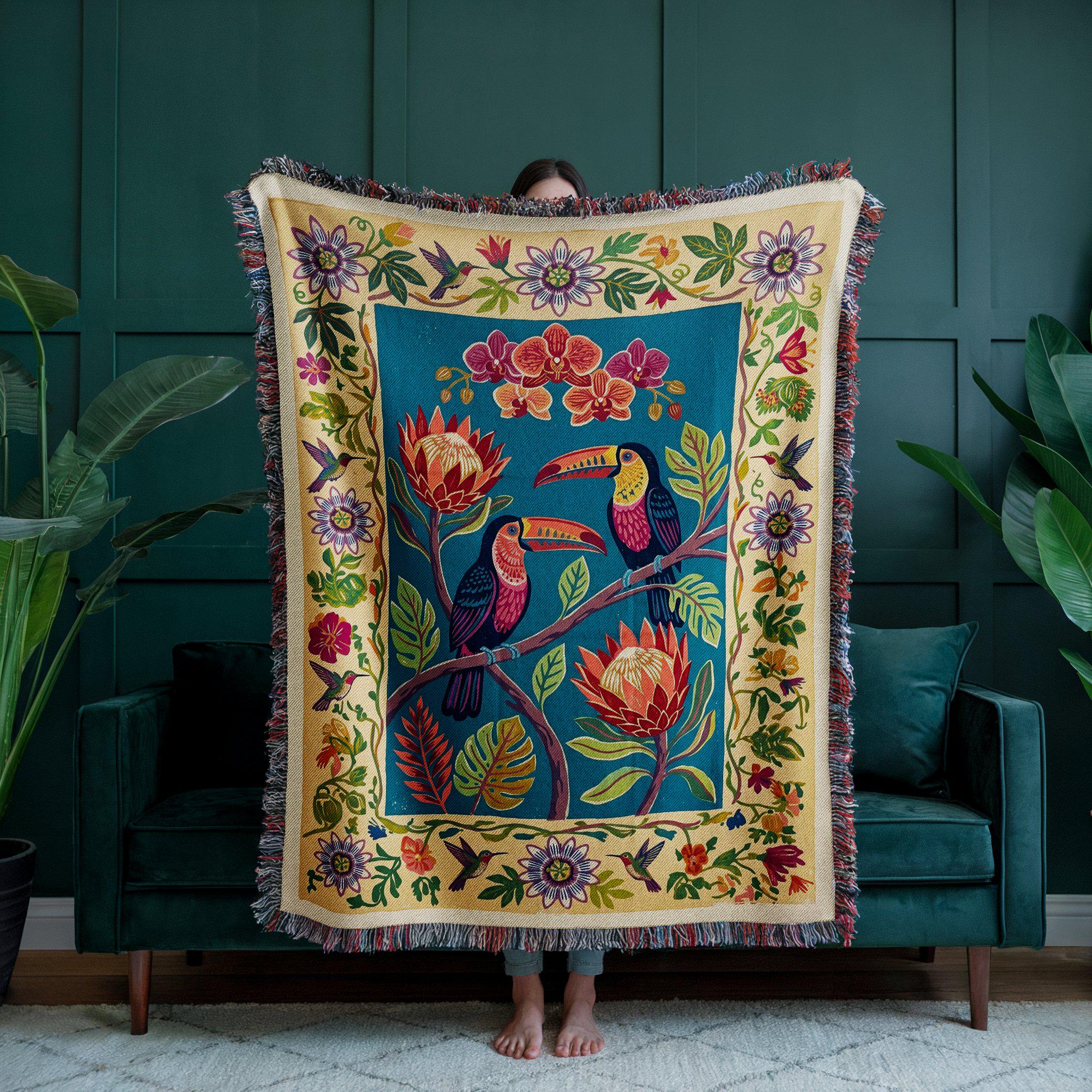 Tropical Toucan Folk Art Woven Throw Blanket