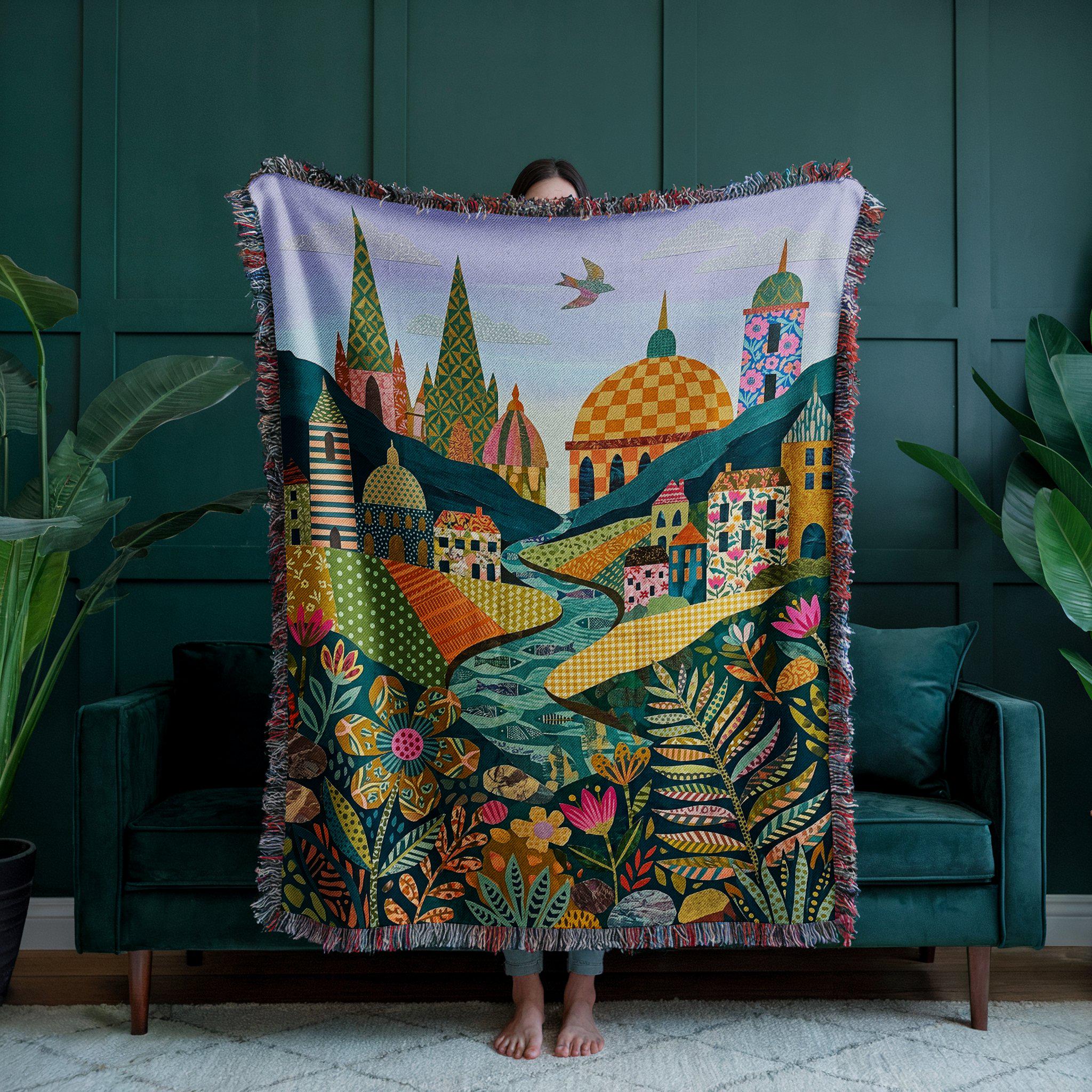 Whimsical Village Folk Art Woven Throw Blanket