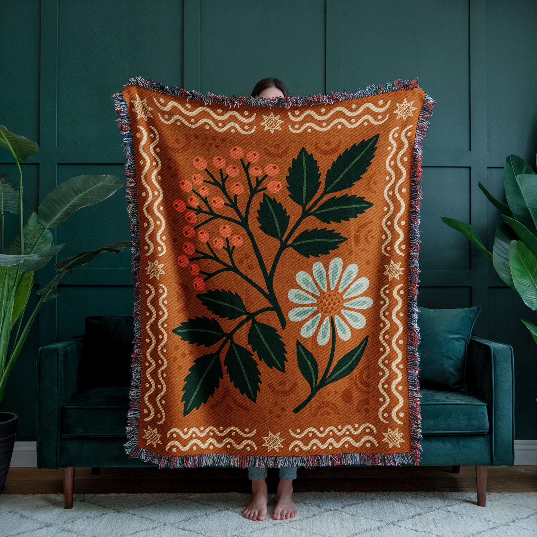 Rust Botanical Folk Art Woven Throw Blanket