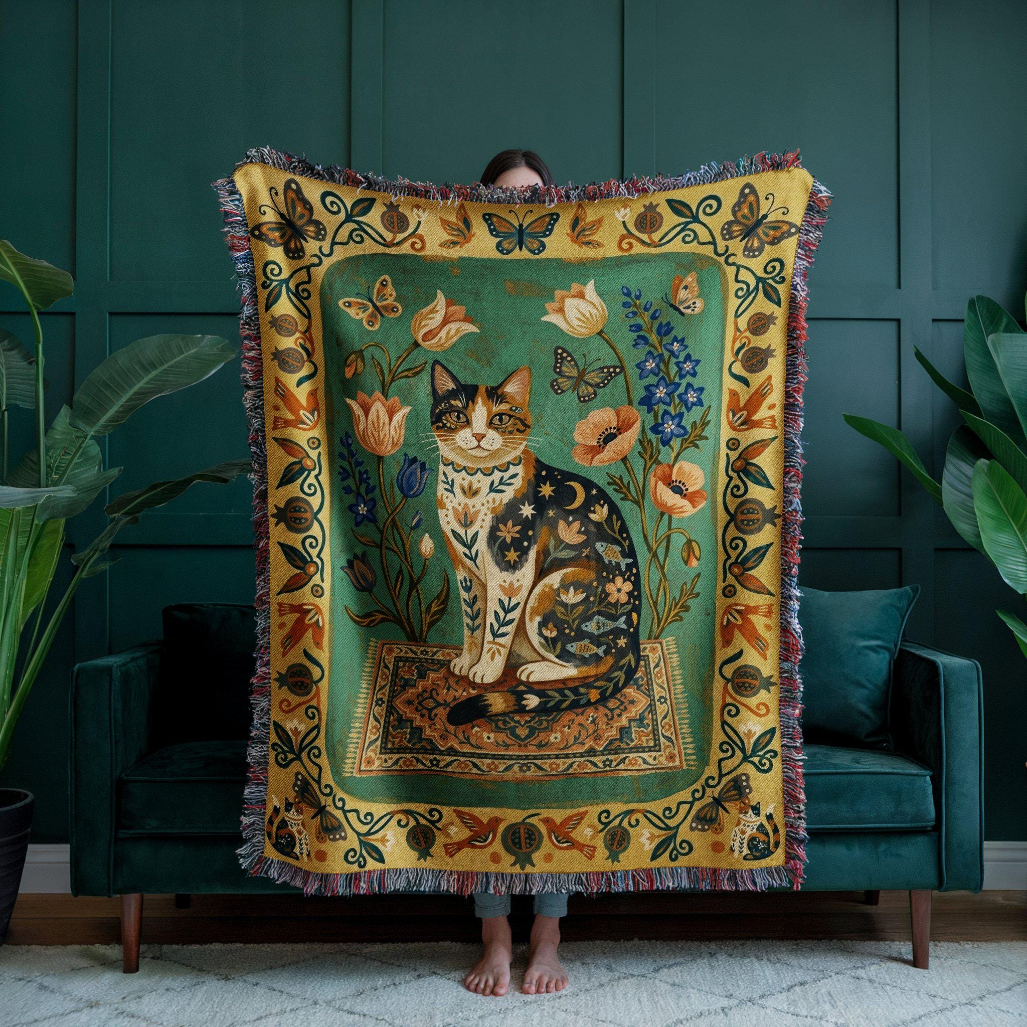 Calico Cat Folk Art Woven Throw Blanket